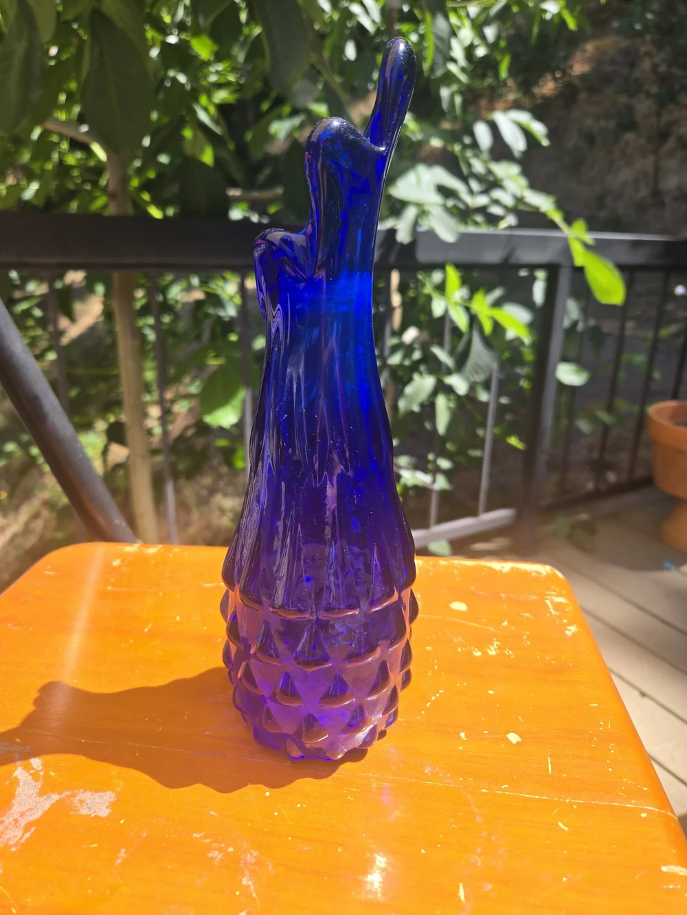Cobalt Blue Swung 5 Finfer Glass Vase - Textured Pineapple